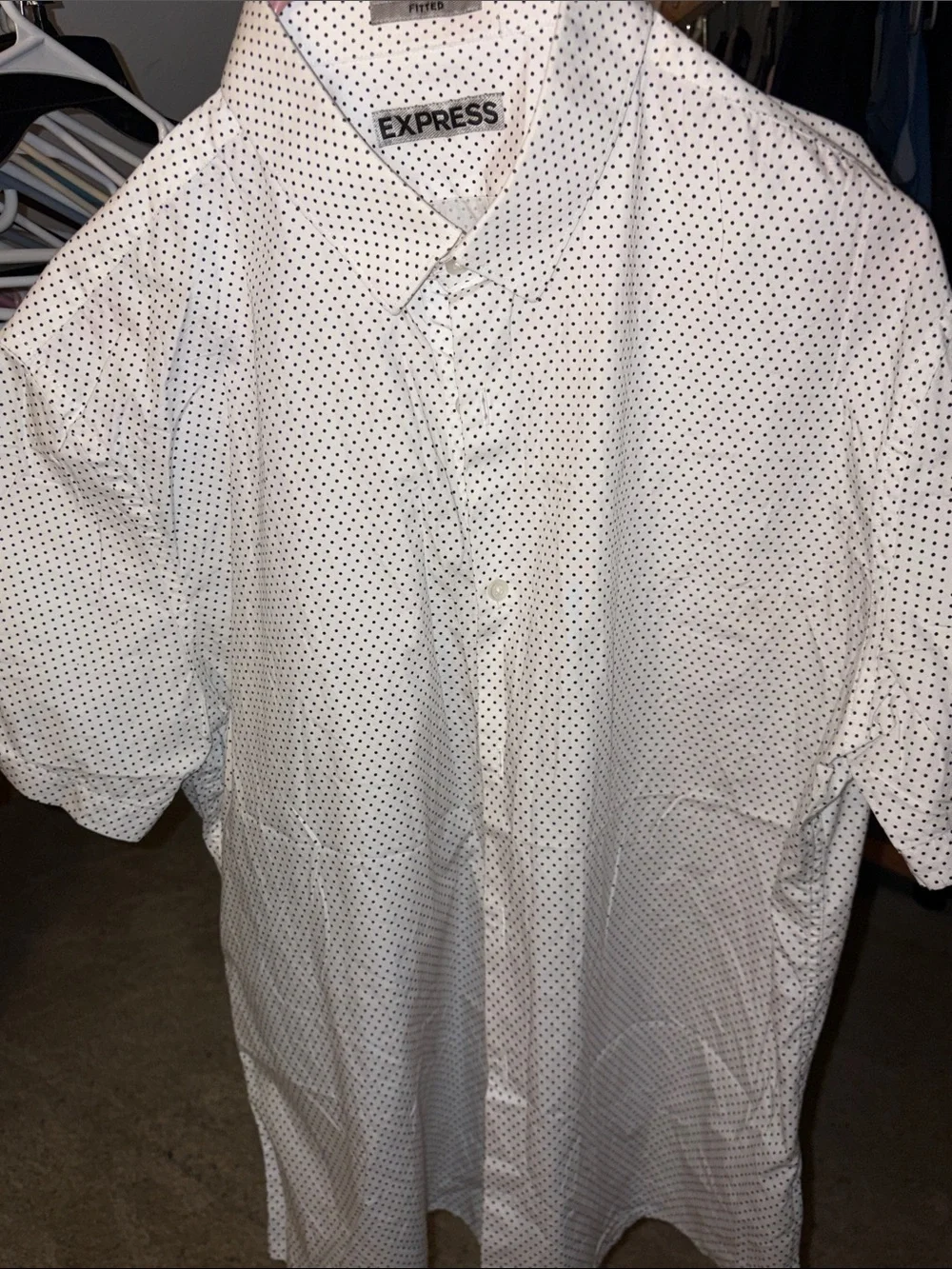 Express Men’s White Short-Sleeve Button-Down Shirt with Black Micro Dots